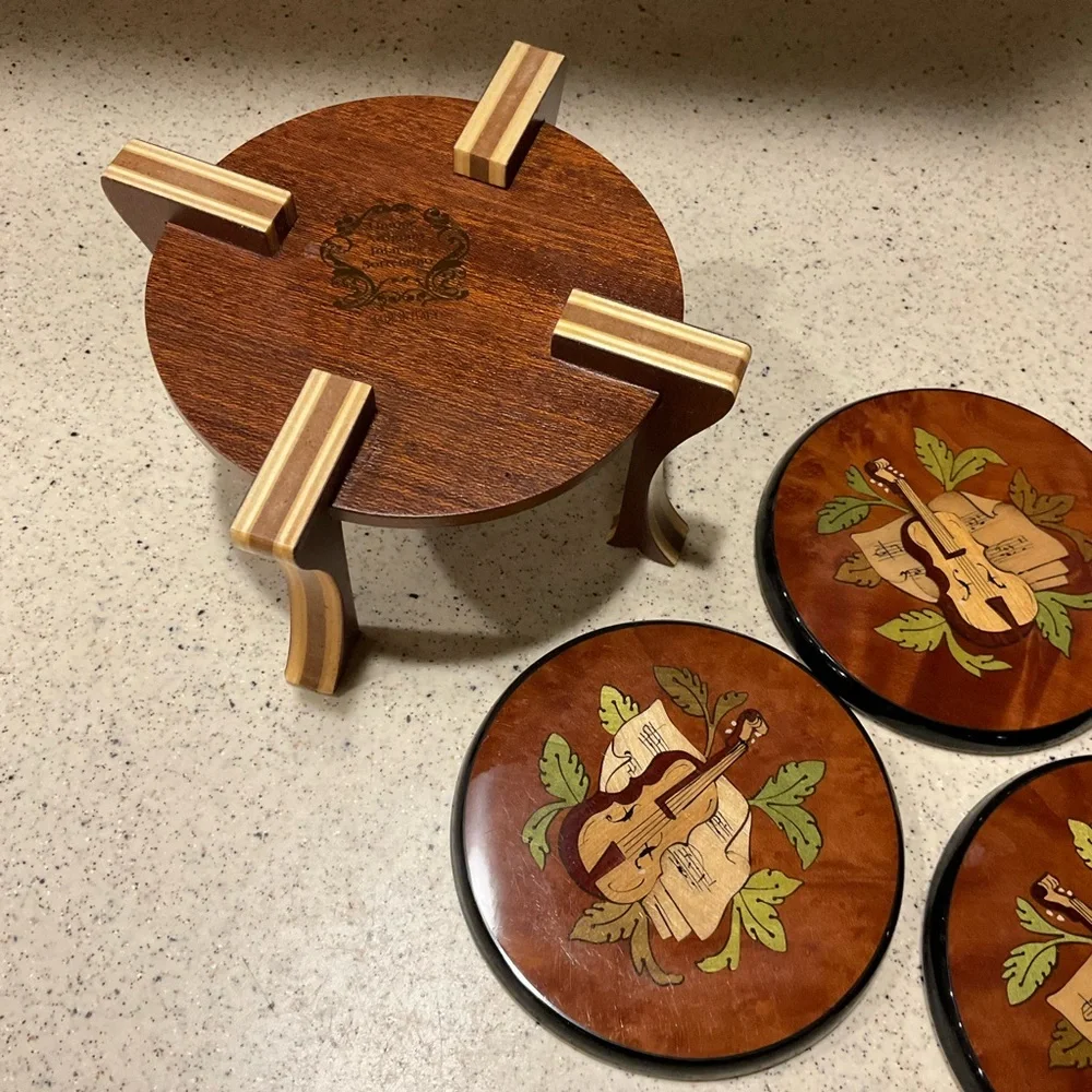 HANDMADE Italian Coaster Set of 6 Inlaid Wooden Stand Mandolin/ Violin Brown Tan